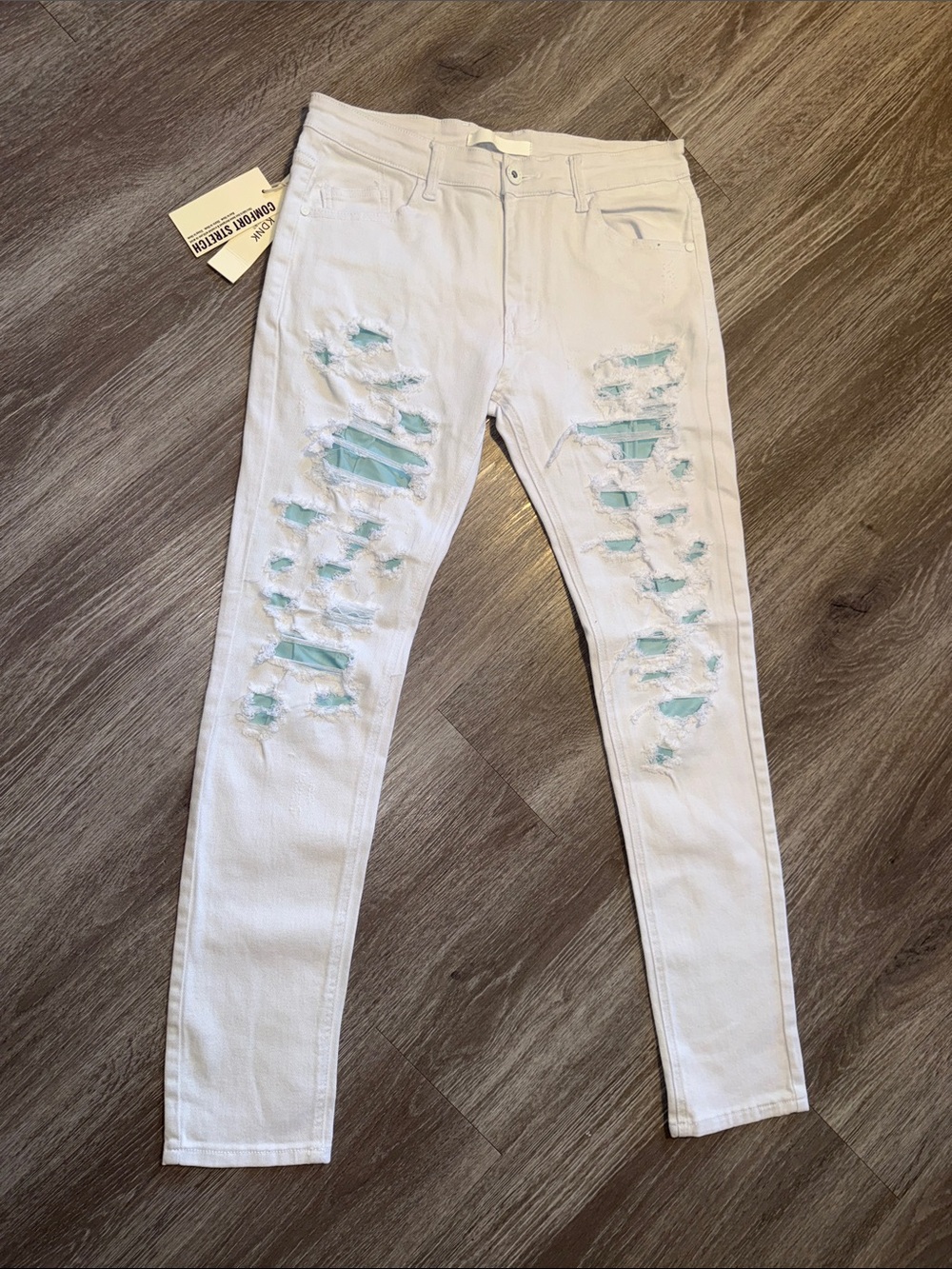 KDNK White Skinny Men’s Jeans with Aqua Underlay Distress